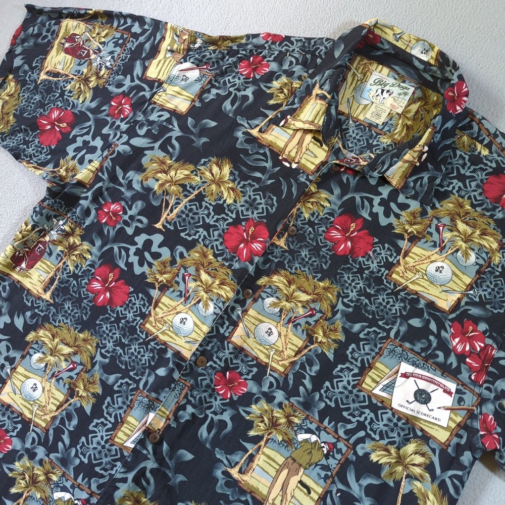 Big Dogs Golf Shirt Mens XL Blue Rayon Short Sleeve Tropical Button Down